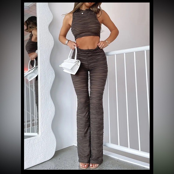 Large Y2K Brown Abstract Ruched Set Crop Top & High Waist Pants Light & Stretchy - Picture 6 of 9